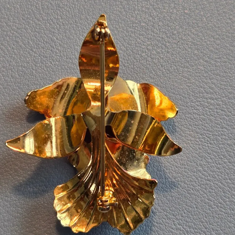 Vintage Cerrito 1982 Hand Painted Light Pink & Gold Orchid Flower Brooch Pin 2